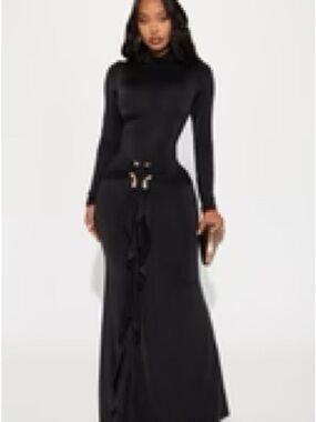 Sleek Black Long Sleeve Turtleneck Maxi Dress